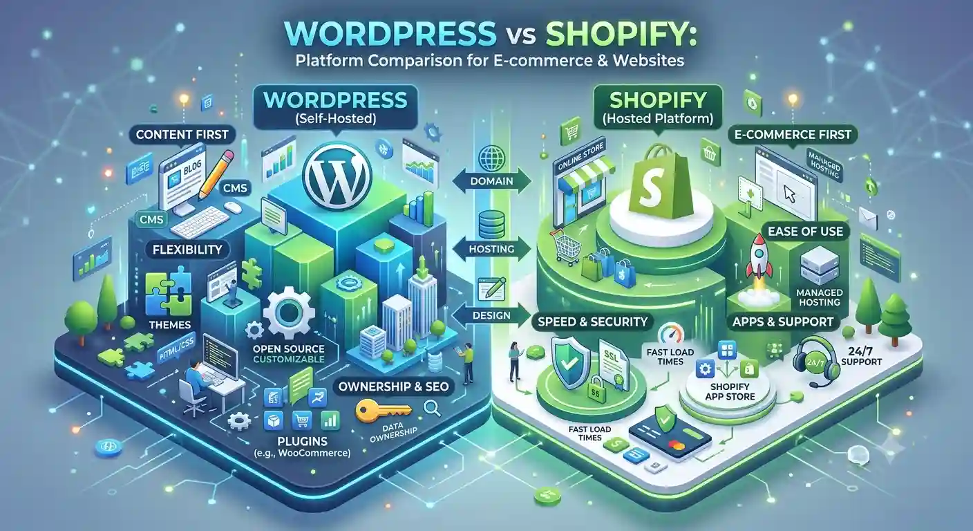 WordPress vs Shopify comparison showing key differences in flexibility, customization, e-commerce, security, SEO, hosting, and ease of use.