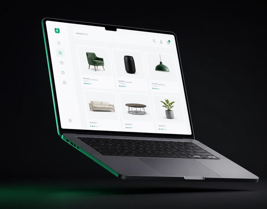 Shopify e-commerce store displaying furniture products on a modern laptop